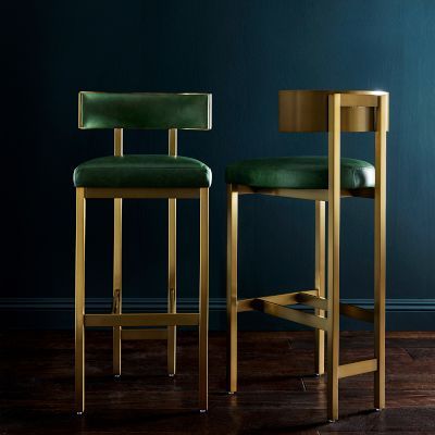 Emma Upholstered Counter & Bar Stool | Williams Sonoma Green Bar Stools Kitchen Island, Art Deco Barstools, Green Barstools In Kitchen, Arhaus Bar Stools, Art Deco Bar Stool, Green Counter Stools, Counter Height Stools With Backs, Retro Barstool, Kitchen Stools For Island