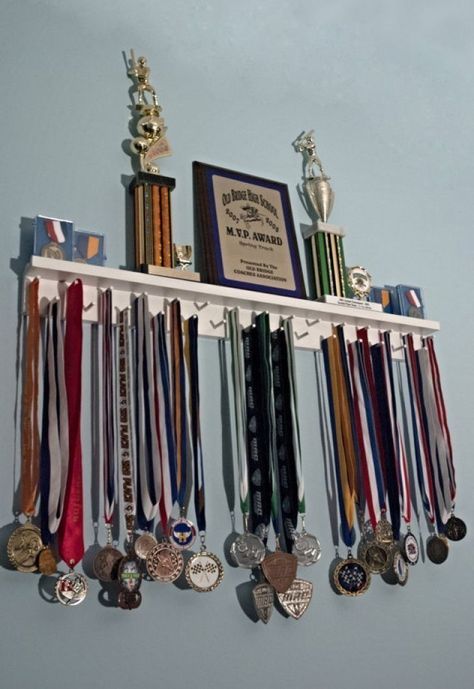 Shelf With Pegs, Johnny Kavanagh, Basketball Trophies, Running Medal Holder, Trophy Shelf, Trophy Display, Running Medals, Sports Medals, Award Display