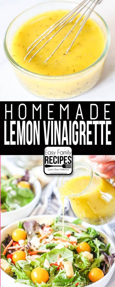 Perfect Lemon Vinaigrette Dressing · Easy Family Recipes Lemon Vinaigrette Salad, Lemon Vinaigrette Dressing, Vinaigrette Dressing Recipe, Lemon Salad, Vinaigrette Salad, Salad Dressing Recipes Homemade, Lemon Vinaigrette, Vinaigrette Recipes, Homemade Salads