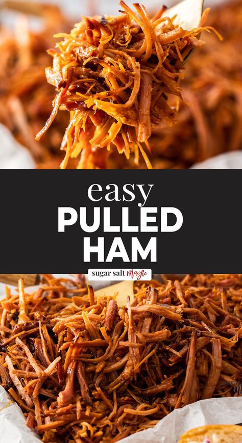 This slow cooker pulled ham is all kinds of savoury, sticky and sweet. With very little prep time and a simple glaze that gets all unctuous and caramelised, it’s a fantastic make ahead meal. You need to try this pulled ham and put it in tacos, burgers, salads, sandwiches, quiches, sliders, fried rice and quesadillas right now. I could go on. This slow cooked then shredded ham is incredibly simple to make and tastes amazing. Sticky, caramelised and salty, it’s truly a crowd-pleaser. Pulled Ham Slow Cooker, Shredded Ham Sandwiches, Shredded Ham Slow Cooker, Pulled Ham Recipes Oven, Pulled Ham Sandwiches, Pulled Ham In Oven, Pulled Ham Crockpot, Smoked Shredded Ham, Pit Ham Recipes