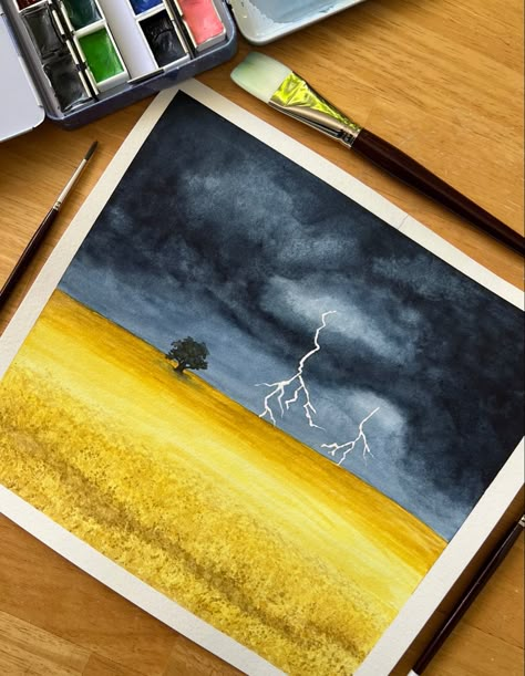 Watercolor lightening storm in a canola field painted by @jackies_art Storm Watercolor Painting, Watercolor Storm Clouds, Thunderstorm Watercolor, Watercolor Art Night, Storm Watercolor, Tomato Drawing, Thunderstorm Clouds, Speed Draw, Canola Field