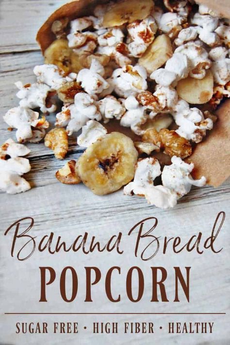 Banana Bread Popcorn! This tastes so delicious and yet it's a completely healthy snack! Sugar free, healthy fats, and tons of fiber... so enjoy this treat! #popcorn #sugarfree #healthysnack #bananabread #schoolsnack #fall #movienight #popcornseasoning Bread Popcorn, Real Food Snacks, Snack Mixes, Natural Kids, Scratch Recipes, Popcorn Snacks, Homemade Dessert, Healthy Snacking, Healthy Changes