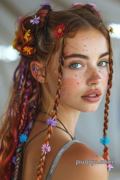 Half Up Half Down Festival Hair, Floral Festival Outfit, Half Up Half Down Summer Hairstyles, Boho Long Hairstyles, Cute Festival Hair, Coachella Photoshoot, Fantasy Hair Styles, Pride Hairstyles, Fantasy Hairstyle