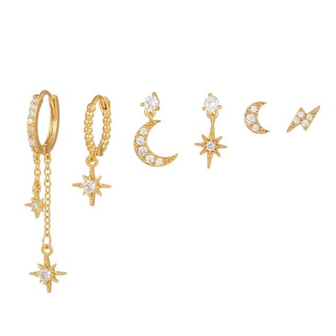 PRICES MAY VARY. 18K Celestial Asymmetry Set: Elevate your ear jewelry collection with this six-piece ensemble featuring stars, moons, and lightning bolt designs, all crafted in elegant 18K gold. Unique Asymmetrical Designs: Stand out with the on-trend asymmetrical styling, showcasing a fashion-forward look that captures the essence of celestial elegance. Stylish Cubic Zirconia Studs: Each earring is adorned with sparkling cubic zirconia studs, adding a touch of glamour and sophistication to you Piercing Kit, Moon And Star Earrings, Moon Studs, Hoop Earring Sets, Christmas Gift Jewelry, Moon Earrings, Delicate Earrings, Small Earrings, Cartilage Earrings