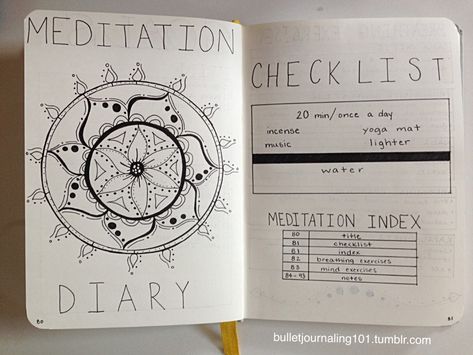 Meditation Diary  Make a list of things you need for meditation, breathing exercises, and pages for reflecting. Meditation Facts, Meditation Journal, How To Bullet Journal, Different Types Of Meditation, Self Care Worksheets, Bullet Journal Hacks, Spiritual Journals, Self Care Bullet Journal, Daily Meditation