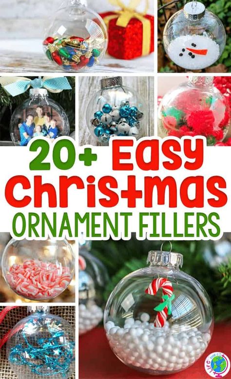 Clear ornaments make the perfect canvas for so many Christmas crafts and fun ornaments! Kids can help you make these fun ornaments that will quickly turn into keepsakes! Try making these fun and festive Christmas ornaments with your kids this holiday season! #diy #ornament #christmascrafts #kids #christmas #crafts Ideas To Fill Christmas Ornaments, Empty Ornament Ideas Kids, How To Make Your Own Christmas Ornaments, Kids Christmas Bulb Crafts, Decorating Ornaments With Kids, Craft Ornaments For Kids Easy Diy, Ornament Projects For Kids, Fill Christmas Ornaments, Kids Craft Ornaments Diy