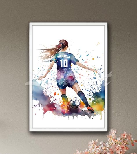 Girls Football Bedroom, Girls Sports Bedroom, Football Watercolor, Soccer Room, Number Wall Art, Art Football, Soccer Art, Sports Decor, Sports Poster