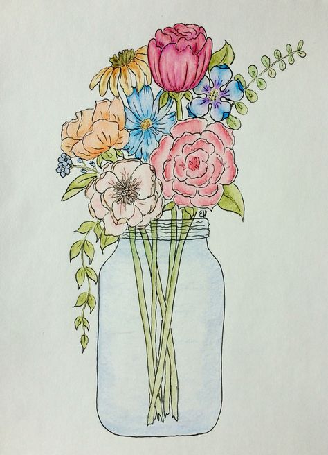 Flower illustration I drew using pen and colored pencil Croquis, Flower Bouquet Drawing Color Pencil, Small Colour Pencil Drawings, A Vase Of Flowers Drawing, Simple Art With Color Pencils, Colored Pencil Floral Art, Flowers Drawing In A Vase, Pen Flowers Drawing, Drawing Of Flower Bouquet