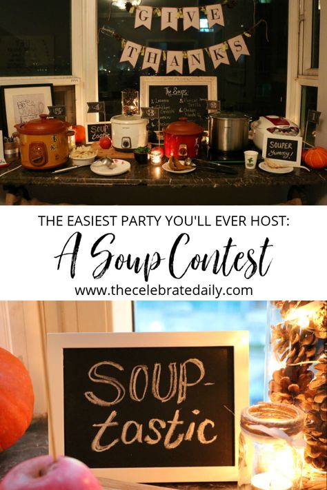 Souper Bowl Luncheon Decor, Hosting A Soup Party, Soup Bar Decorations, Soup Er Bowl Party, Rehearsal Dinner Soup Bar, Soup Theme Party, Winter Soup Bar Ideas Parties, Soup Off Party, Soup Display Ideas