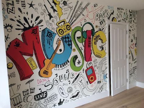 School Murals Art Room, Wall Painting Ideas Doodle, Doodle Art Wall Painting, Doodle On Wall, Doodle Wall Painting, Wall Graffiti Ideas Simple, School Music Room Design, Music Murals School, Music Room Wall Painting