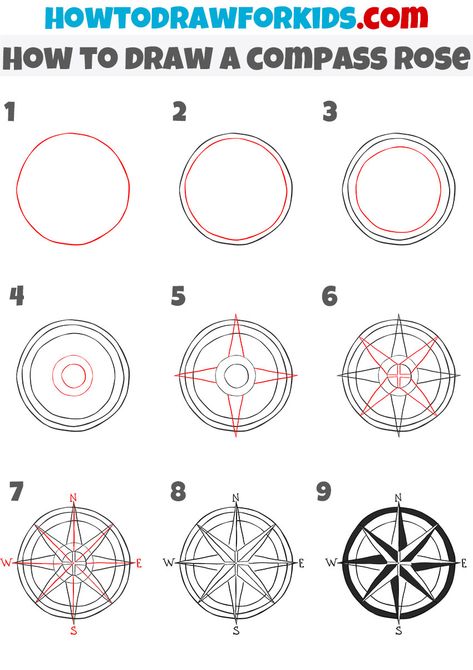 Compass Drawing Ideas, Compass Drawing Simple, Simple Compass Drawing, How To Draw Compass Rose, How To Use A Compass To Draw Circles, Compass Rose Art, Rose Step By Step, Compass Drawing, Compass Art