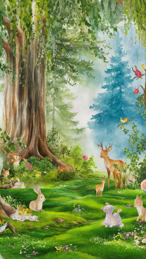 Immerse yourself in the enchanting beauty of our woodland wallpaper, featuring ancient trees, dappled sunlight, and wildflowers on lush moss. This serene outdoor scene is infused with Impressionist charm, showcasing whimsical creatures like deer and colorful songbirds. The misty background adds a dreamlike quality, inviting tranquility into your home with vibrant natural hues. Perfect for nature lovers and art enthusiasts. #WoodlandWallpaper #Impressionism #NatureArt Misty Background, Animals Background, 2024 Journal, Whimsical Creatures, Dappled Sunlight, Woodland Wallpaper, Whimsical Animals, Ancient Trees, Ancient Tree