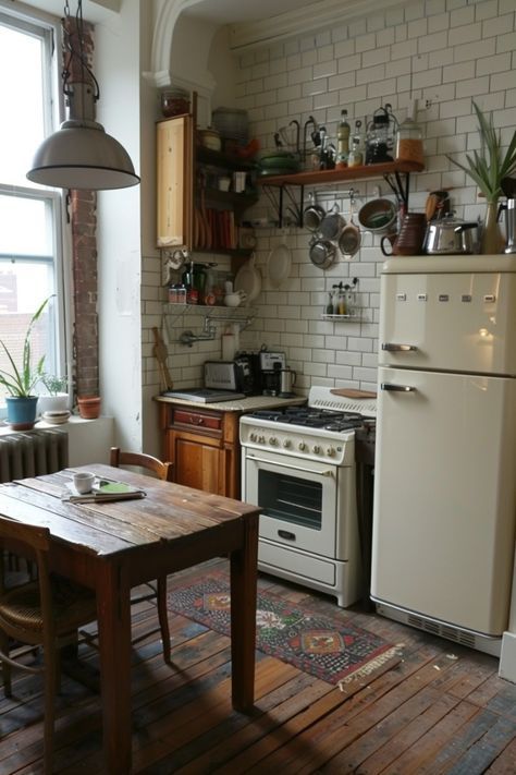 Small French Kitchen Design, Small Nyc Apartment Kitchen, Downtown Kitchen Aesthetic, Kitchenette Aesthetic, Kitchen Design Old Style, City Kitchen Aesthetic, Alternative Kitchen Ideas, Small Old Kitchen Ideas, Small Apartment Vintage