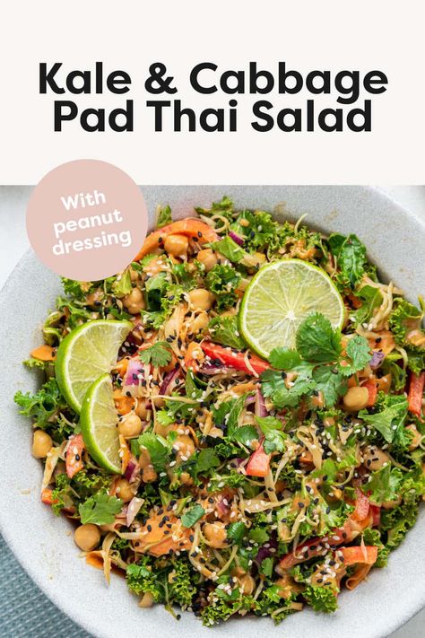 Inspired by the Whole Foods salad bar, this kale and cabbage pad thai salad has all the flavors of pad thai in salad form! It's loaded with fresh veggies and tossed in the most delicious peanut dressing. Vegan + gluten-free. Cabbage Pad Thai, Pad Thai Salad, Kale And Cabbage, Thai Peanut Salad, Kale Cabbage, Noom Recipes, Thai Salad, Clean Foods, Thai Salads