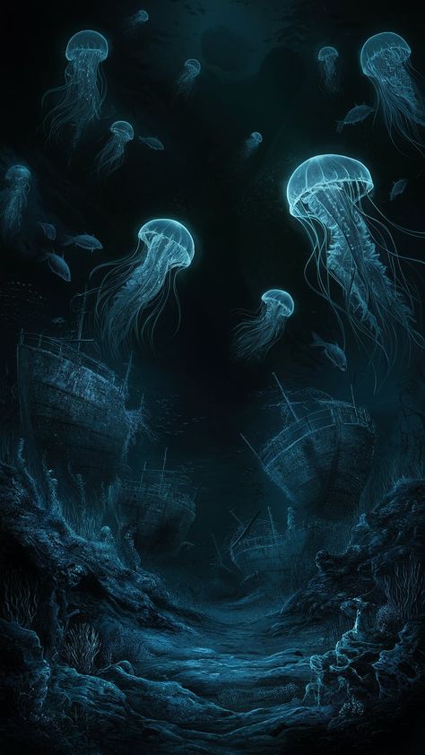 Dive into a mesmerizing underwater scene that plunges deep into the mysterious abyss. The background, dominated by a dark, almost-black ocean with hints of deep blue hues, creates a hauntingly beautiful ambiance. Ethereal, illuminated jellyfish drift gracefully through the water, their luminescent tentacles trailing behind. At the ocean floor lie ghostly shipwrecks covered in barnacles, contributing to the scene's enigmatic allure. Deep Ocean Background, Dark Sea Aesthetic Wallpaper, Deep Ocean Photography, Underwater Art Illustration, Dark Ocean Background, Dark Ocean Wallpaper, Deep Sea Background, Deep Ocean Aesthetic, Underwater Dark