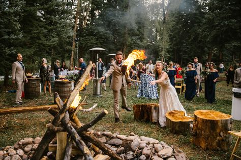 Rustic Couple Lighting Bonfire as Unity Ceremony Bonfire Wedding, Silverthorne Colorado, Campground Wedding, Wedding Ceremony Unity, Pagan Wedding, Colorado Summer, Viking Wedding, Wedding Colorado, Unity Ceremony