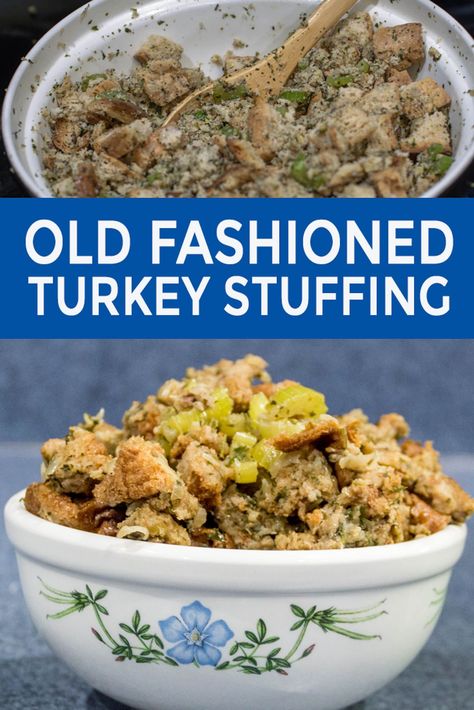 I love this old fashioned Thanksgiving turkey stuffing recipe! With bread, onions, celery and sage, it tastes just like the turkey dressing my grandmother used to make. And the leftovers are awesome on a hot turkey sandwich the next day. #entertainingdiva #stuffing  #thanksgiving #turkey  #holidayrecipes Traditional Turkey Stuffing, Homemade Turkey Stuffing, Turkey Stuffing Recipe, Thanksgiving Turkey Stuffing, Turkey Dressing Recipe, Traditional Thanksgiving Dinner Menu, Stuffing Thanksgiving, Turkey Stuffing Recipes, Turkey Dressing