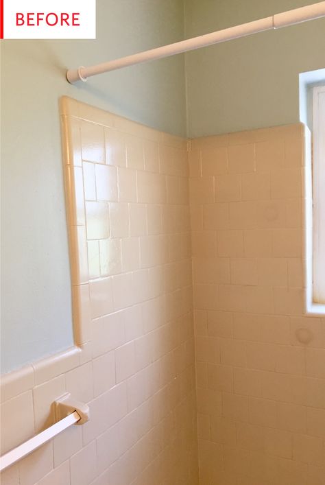 All Tiled Small Bathroom, Small Bathroom Painted Tiles, Rental Makeover Before After, Renter Shower Makeover, Vintage Tile Bathroom Update, Yellow Tile Bathroom Makeover, Bathroom With Old Tile Walls, Covering Old Tile Bathroom, Bath Fitters Before And After