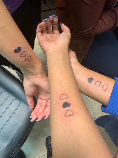 Sister Tattoos For 1 Meaningful, Sister For 3 Tattoo, Heart Tattoo Sisters, 3 Person Sibling Tattoo, Tattoo Ideas For Sisters Of 3, Small Tattoo Ideas For Trio, Trio Friend Tattoo Ideas, Trios Matching Tattoos, 3 Ppl Tattoos