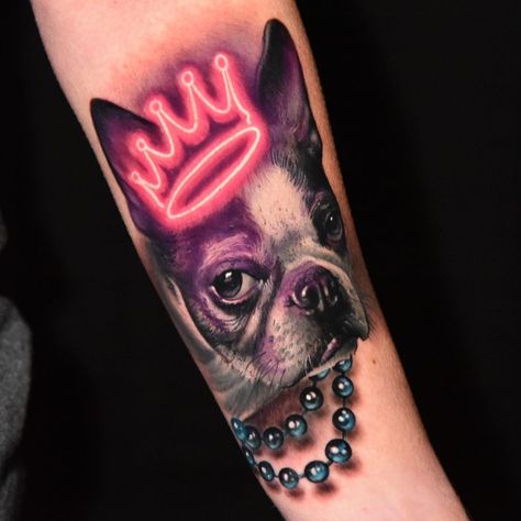 Boston Terrier Tattoo, Neon Tattoo, Boston Terrier Lover, Light Tattoo, Wild Tattoo, New School Tattoo, School Tattoo, Great Tattoos, Dog Tattoos