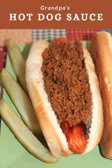 Hot dog topped with hot dog sauce. Birthday Dinner For Husband, Dinner For Husband, Hot Dog Chili Sauce Recipe, Homemade Hot Dog Chili, Chili Dog Sauce, Hot Dog Sauce Recipe, Coney Sauce, Hotdog Chili Recipe, Homemade Hot Dogs