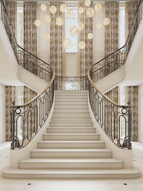 Grand Marble Staircase, Stately Home Staircase, Grand Stairs Design, Grand Entryway Staircase, Big Staircase Grand Entrance, Grand Staircase Floor Plan, Staircase Design Modern Luxury Homes, Double Staircase Entrance, Curved Staircase Foyer Entryway