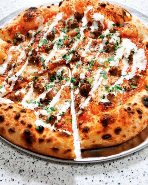 Lamb Sausage Pizza from Pizza Czar: Recipes and Know-How from a World-Traveling Pizza Chef by Anthony Falco Lamb Sausage, Pizza Preparation, Sausage Pizza, Pizza Chef, Lemon Mint, Dough Recipe, I Try, Flatbread, Tomato Sauce