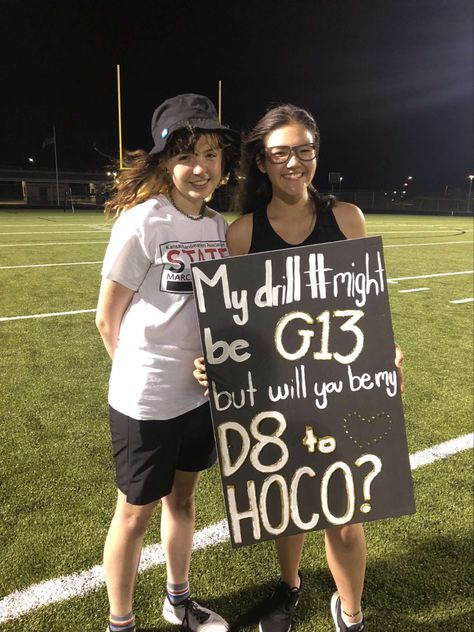 Marching Band Promposal Ideas, Homecoming Proposal Ideas Marching Band, Band Themed Hoco Proposals, Marching Band Homecoming Proposal, Color Guard Homecoming Proposal, Band Hoco Signs, Marching Band Hoco Posters, Color Guard Promposal, Colorguard Promposal