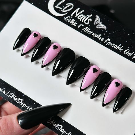 Love Affair on Medium Stiletto 💅🏻 ⁣ .⁣ .⁣ .⁣ .⁣ .⁣ #Simplenails ~ #Valentinesnails ~ #Frenchtipnails ~ #Blacknails ~ #Valentinesdaynailart ~ #Springnails ~ #Gothstagram ~ #Valentinesdaynails ~ #Valentinenails ~ #Gothnails ~ #Cutenails ~ #Gothicnails ~ #Pinknails💅 ~ #Gothstyle ~ #Vdaynails ~ #Frenchtips ~ #Gothnailsofinstagram ~ #Naildesign ~ #Modernnails ~ #Prettynails ~ #Pinkandblacknails ~ #Alternativenails ~ #Pinknails ~ #Blackfrench ~ #Altnails ~ #Stilettonails ~ #Naildesigns ~ #Heartnai... Pastel Pink And Black Nails, Gothic Pink Nails, Goth Pink Nails, Pink And Black Stiletto Nails, Pink Goth Nails, Nails Pink And Black, Pastel Goth Nails, Nails With French Tip, Alternative Nails