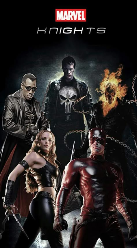 Blade [Wesley Snipes] | The Punisher [Thomas Jane] | Ghost Rider [Nicolas Cage] | Daredevil [Ben Affleck] | Elektra [Jennifer Garner] | #themarvelknights Daredevil Ben Affleck, Elektra Jennifer Garner, Nicolas Cage Ghost Rider, Blade Wesley Snipes, Ghost Rider Movie, Daredevil Elektra, Blade Marvel, Marvel Comics Artwork, Thomas Jane