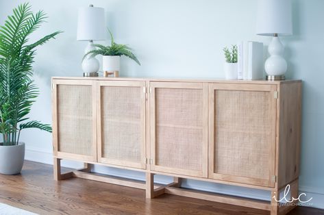 Make a breezy cane media console #cane #console #diy #woodworking #inbetweenchaos Tv Console Alternatives, Light Wood Media Console, Boho Media Console, Coastal Tv Console, Media Console Styling, Cane Media Console, Media Console Diy, Console Table Tv, Recessed Outlets