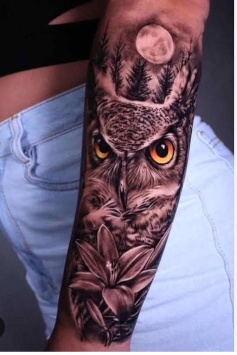 Eagle With Flowers Tattoo For Women, Owl Totem Tattoo, Owl Arm Tattoos For Women, Owl Sleeve Tattoo Women, Owl Sleeve Tattoo, Owl With Flowers Tattoo, Owl Arm Tattoo, Tattoo For Men Ideas, Sleeve Tattoo For Men