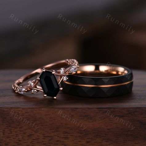 Here we have a Vintage Black Onyx Couples Ring Rose Gold Matching Ring Set His and Hers Wedding Band Promise Ring For Men For Women Natural Black Gemstone Moss agate set: https://www.etsy.com/listing/1716926987/vintage-green-moss-agate-couples-ring?click_key=976c78ae43186872022d4c59854a52d0ed895813%3A1716926987&click_sum=15a89b76&ref=shop_home_active_36&pro=1&frs=1 Green emerald set: https://www.etsy.com/listing/1713102440/vintage-green-emerald-couples-ring-rose?click_key=90d98b915f7b0263b61f5e0 Simple Black Wedding Ring, Black And Rose Gold Wedding Rings, Viking Wedding Ring Sets, Black Wedding Rings Sets Couple, Black And Gold Wedding Ring, Men’s Engagement Rings, Men’s Rings, Couples Engagement Rings, Promise Ring Sets