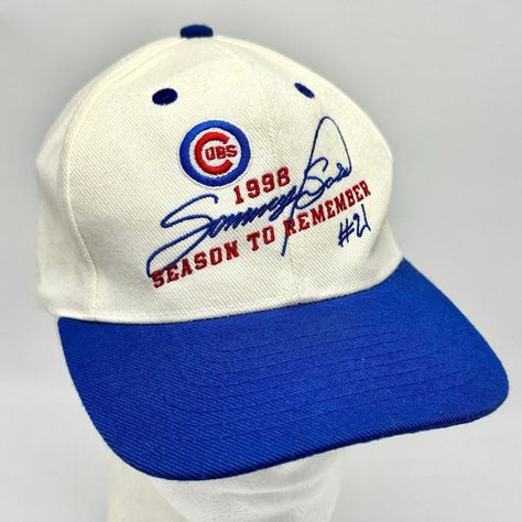 Vintage 1998 Chicago Cubs Baseball Cap 
Sammy Sosa 21 Season to Remember 
Adjustable snapback hat
Headmost brand
Off white and blue
Wool and acrylic fabric blend
Preowned, some wear and marks. Please see all photos 

Retro 90s throwback team fan gear MLB sports sporting goods  #Baseball #MLB #90s #Sports #Chicago Sammy Sosa, 90s Throwback, Chicago Cubs Baseball, Cubs Baseball, Acrylic Fabric, Retro 90s, Sports Collectibles, Blue Wool, Fan Gear