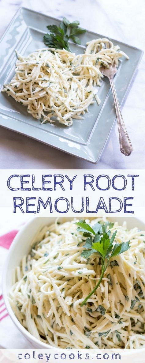 CELERY ROOT REMOULADE | Crisp and refreshing side to serve with sandwiches, meats, fish, and more! It's like a fancy cousin of Coleslaw. #glutenfree #vegetarian | ColeyCooks.com Seafood Casserole Recipes, Appetizer Salad, Classic Salad, Celery Root, French Classic, Appetizers Recipes, Good Nutrition, Healthy Side, Healthy Salad