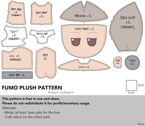 This is a pattern I made from scratch and that I use for making my customs. It is based on the v1.5 models. Its the definitive version since I made tests before, as I said its from scratch, I could n… Plushie Base Pattern, Touhou Plush, Sewing Templates, Cute Sewing Projects, Puppet Crafts, Plushie Patterns, Hand Embroidery Tutorial, Plush Pattern, Made From Scratch