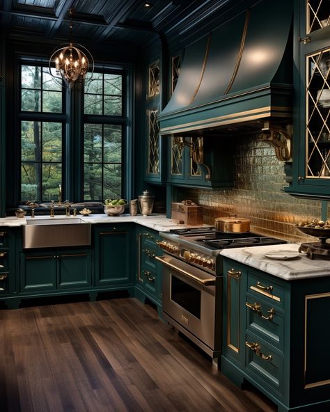 Cafehailee - Picture-perfect kitchen 🥰😘 Green Kitchen Designs, Art Deco Kitchen, Teal Kitchen, Green Kitchen Cabinets, Dream Kitchens Design, Gold Kitchen, Maximalist Decor, Boho Kitchen, Stylish Living Room