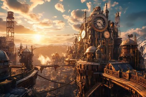 Dawn's Embrace Steampunk Cityscape Se Ré... | Premium Photo #Freepik #photo #fantastique #illustration-ville #paysage-ville #ville Steampunk Cityscape, Ville Steampunk, Steampunk Wallpaper, Steampunk City, City Landscape, Dieselpunk, Wallpaper Pc, Premium Photo, Landscape Art