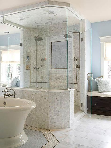 11 Amazing Double Showers With Top-of-the-Line Details and Style Two Person Shower, Master Bath Shower, Double Shower, Luxury Shower, Master Bath Remodel, Up House, Shower Stall, Bathroom Remodel Master, Bath Remodel