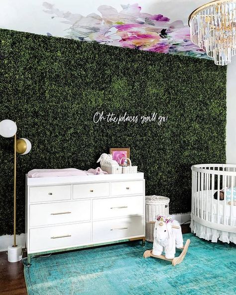 Girls nursery with Faux Grass Accent Wall - Contemporary - Nursery Boxwood Accent Wall, Grey Floral Wallpaper, Contemporary Nursery, Nursery Accents, Nursery Accent Wall, Floral Mural, Sophisticated Bedroom, Grass Wall, Nursery Room Design