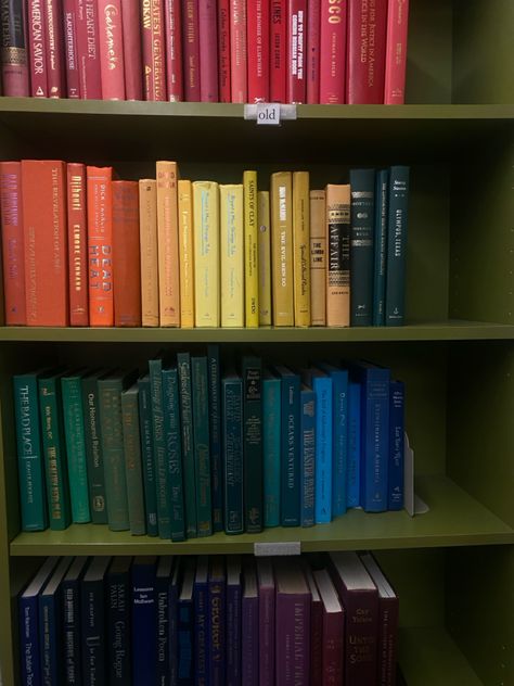 colorful rainbow bookshelf aesthetic inspo 📚  cute small bookstore aesthetic Green And Gold Library, Colorful Bookshelves, Gold Library, Small Bookstore, Rainbow Bookshelf, Library Nook, Bookstore Ideas, Bookstore Aesthetic, Bookshelf Aesthetic