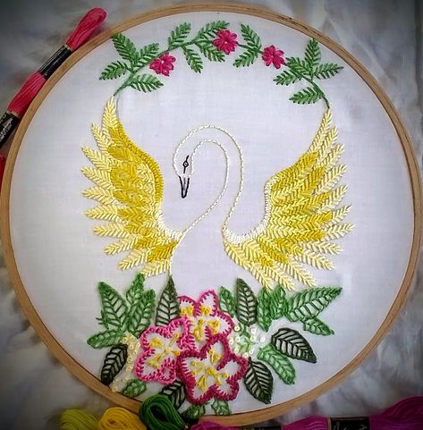 #embroidery #handembroidery #stitch #fashion #design Katha Embroidery Motif, Sheaf Stitch Embroidery Design Motifs, Flying Stitch Embroidery Design, Feather Stitch Embroidery Motifs, Fly Stitch Design, Fly Stitch Embroidery Design, Fly Embroidery Design, Swan Embroidery Design, Kantha Motifs