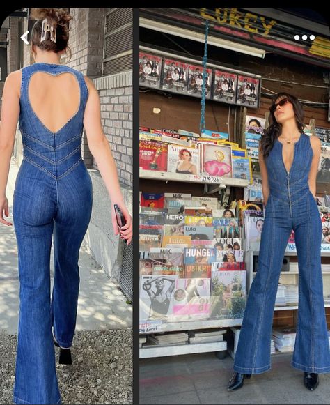 Flared Denim Jumpsuit, 70s Fashion Overalls, Revive Denim Jumpsuit, Denim 70s Fashion, Denim Jumpsuit Aesthetic, Denim Heart Jumpsuit, Abba Outfit Ideas, Blue Denim Jumpsuit Outfit, Denim Flare Jumpsuit