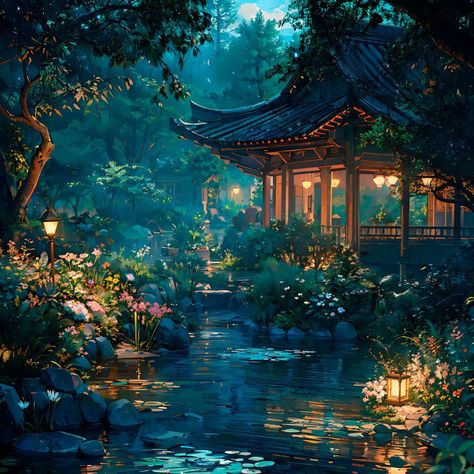 Registrations for the Beginners AI Art Course are closing in a few hours. Link in bio🫶 Night Pond Aesthetic, Fantasy Pond, Pond At Night, Anime Lofi, Lofi Vibes, Japanese Wallpaper, Chinese Landscape Painting, Late Evening, Asian Garden