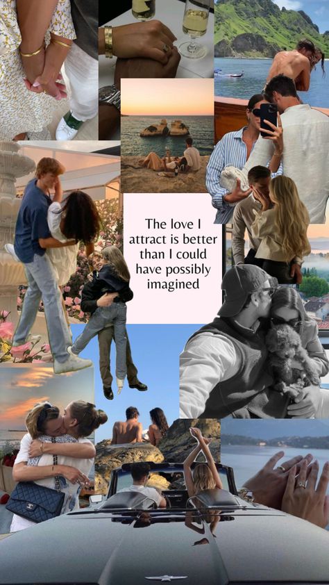 The love I attract is better than I could have possibly imagined #love #loveaesthetic #wallpaper #collageaesthetic #collagewallpaper Attracting Love Wallpaper, Dream Husband Pictures, Couple Manifestation Wallpaper, Manifest Love Vision Board, Vision Board For Love Life, Manifestation For Marriage, Vision Board Manifestation Boyfriend, Marriage Manifestation Wallpaper, Manifesting Love Wallpaper