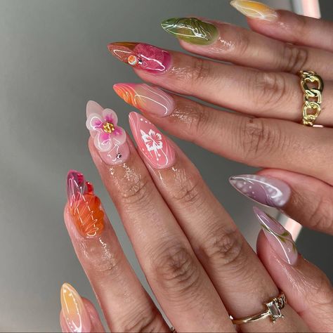 amys.clients Tropical Nails, Airbrush Nails, Summery Nails, Glass Nails, Jelly Nails, Funky Nails, Pretty Acrylic Nails, Floral Nails, Fancy Nails