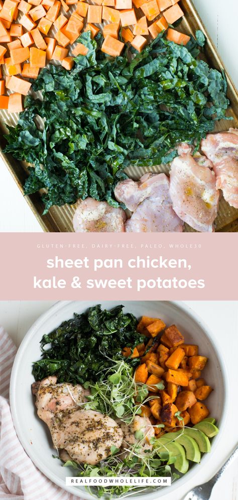 Sheet Pan Chicken, Kale & Sweet Potatoes Chicken Recipes Pan, Spinach Orzo, Heathly Recipes, Chicken Kale, Sheet Pan Chicken, Pan Recipe, Cooking Chicken, Clean Life, Paleo Lunch