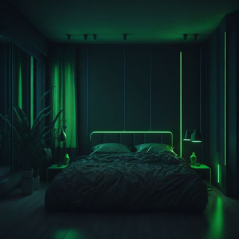 Dark Green Mens Bedroom, Aesthetic Room Decor Vintage Dark, Emerald Green Interior Design Bedroom, Green Male Bedroom, Black And Neon Bedroom, Bedroom Green And Black, Emerald And Black Bedroom, Black And Green Bedroom Aesthetic, Cuarto Verde Aesthetic