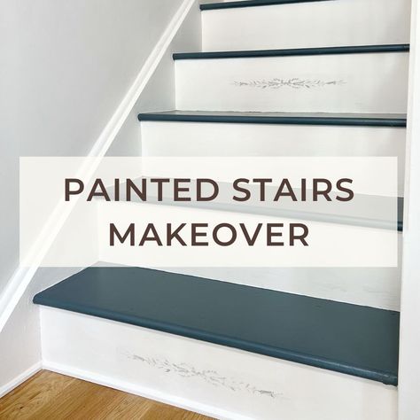 Gray Stairs Painted, Navy Painted Stairs, Staircase Design Painting, Painting Indoor Stairs, Painted Stairs Ideas Staircase Makeover, Painted Interior Stairs, Best Paint For Stairs, Painting Wood Stairs, Painted Steps Ideas Staircases