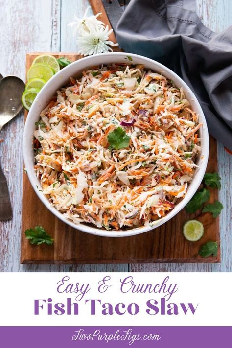 Fish Taco Slaw in a bowl. Fish Taco Coleslaw Recipe, Fish Taco Slaw, Gourmet Sandwiches Recipes, Taco Slaw, Taco Dinner Recipes, Gluten Free Mexican Recipes, Slaw For Fish Tacos, Fish Sandwich Recipes, Easy Meals For Families